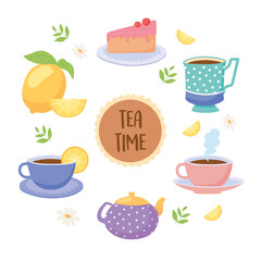 tea time teacups teapot cake lemon beverage leaf background