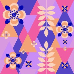 background with surreal geometric bright flowers and leaves