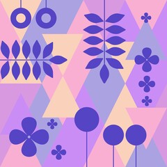 background with rhombuses, triangles and floral elements in pastel colors