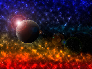 Background space and planet in the rays of a star