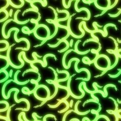 Neon light on black seamless repeat pattern. High quality illustration. Funky nightlife retro revival design. Futuristic dramatic glow lighting.