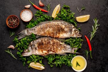 grilled sea bass with spices, herbs, and lemon on a stone background