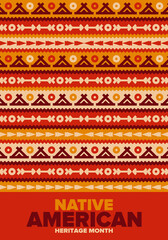 Native American Heritage Month in November. American Indian culture. Celebrate annual in United States. Tradition pattern. Poster, card, banner and background. Vector ornament, illustration