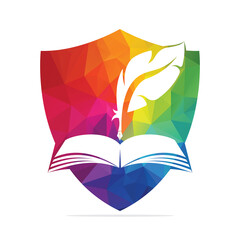 Protective Judicial Quill Writing On Open Book. Judgment Certificate Or Police Document Vector. Shield Education Book Quill Vector Template Design.