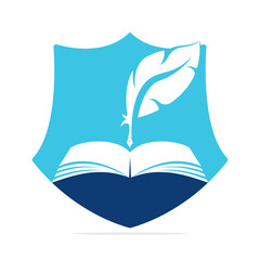 Protective Judicial Quill Writing On Open Book. Judgment Certificate Or Police Document Vector. Shield Education Book Quill Vector Template Design.