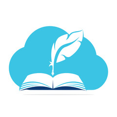 Judicial Cloud Quill Writing On Open Book. Judgment Certificate Or Police Document Vector. Cloud Education Book Quill Vector Template Design.