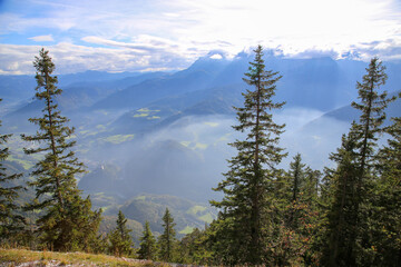 View of mountains and valley in the Alps near Hallein, Austria on a misty morning