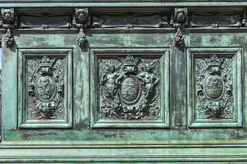 Equestrian statue of Prince William of Orange (1845) on a high pedestal, on which have been placed names of seven regions. The Hague (Den Haag), The Netherlands.