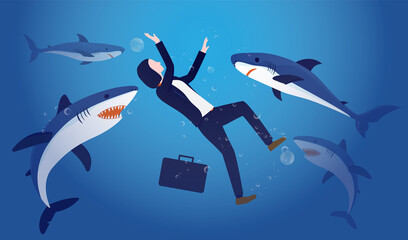 Businesswoman in danger - Woman sinking under water being attacked by sharks. Unlucky, career problems and business adversity concept. Vector illustration.