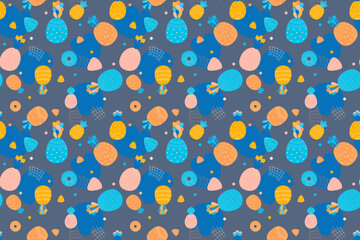 Childish seamless pattern of abstract cartoon whole pineapples and their slices and geometric shapes on a dark background. For children's clothing, fabric, summer decor. Fun endless texture. Vector.