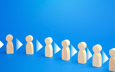 Figures of people stand in a row and consistently convey information to each other. Chain reaction,...