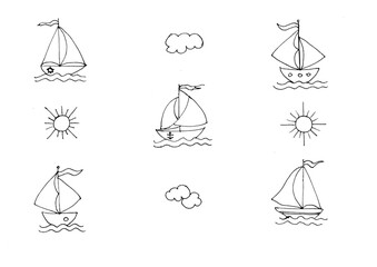 Set of hand drawn ships, sailboats, clouds and suns. Seamless  black and white pattern

