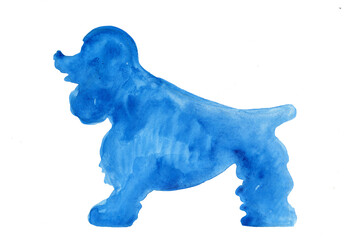 Watercolor silhuette blue drawing of poodle dog isolated on white background