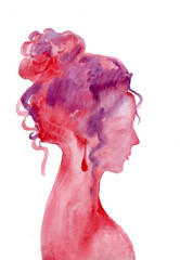 Watercolor silhouette draving of  woman's head in red color isolated on white background