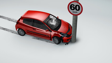Car crashed on a pole - Auto accident involving one car and zzz sleep icon 3D concrete, isolated background white. Concept Ads. Crashed car 3D render. 