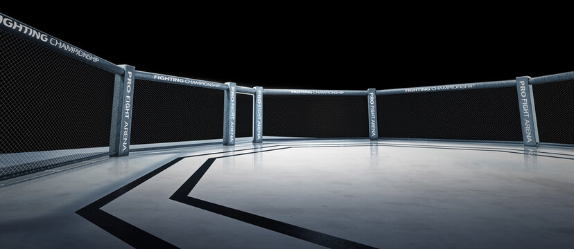 Fighting Championship. Isolated Fight night. 3D render MMA arena. MMA cage night. 3D rendering