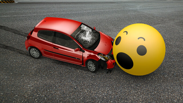 Don't text and drive - Auto accident involving one car and fear emoticon a city street. Concept Ads. Crashed car 3D render.