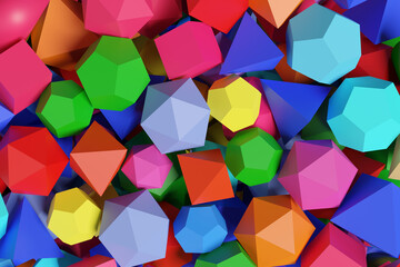 Polyhedra of different colors. Platonic solids. 3d illustration.