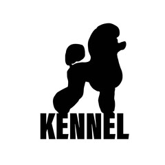 Monochrome logo of the kennel of dogs breed poodle. The text logo is black and white.