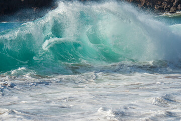 Fototapeta premium Ferocious wave slamming the shore in Hawaii