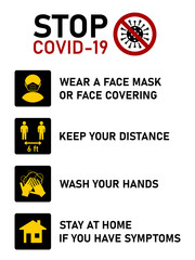 Stop Covid-19 Coronavirus Instructions in English including Wear a Face Mask or Face Covering, Keep Your Distance 6 ft or 6 Feet, Wash Your Hands and Stay at Home If You Have Symptoms. Vector Image.