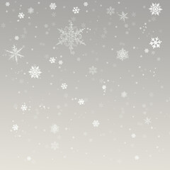 Snow background. Grey Christmas snowfall with defocused flakes. Winter concept with falling snow. Holiday texture and white snowflakes.