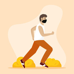Man runing with mask coronavirus protection yellow- Vector