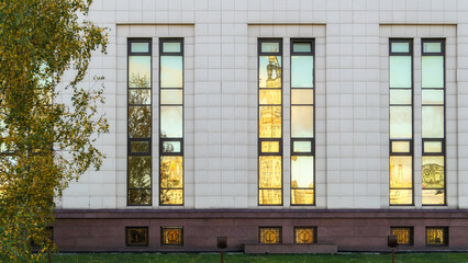 Window reflections of old university in Moscow