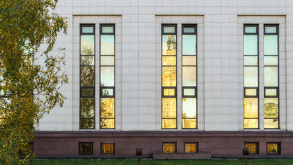 Window reflections of old university in Moscow