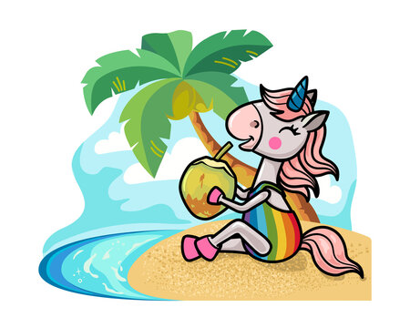 Horizontal vector illustration. Cute cartoon unicorn character sitting on the sandy beach.
