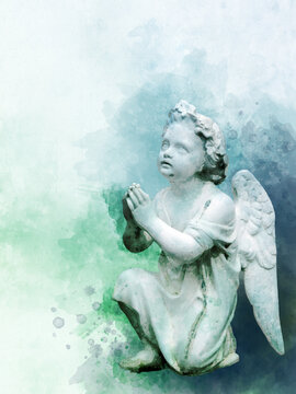 Antique statue of an angel in watercolor style