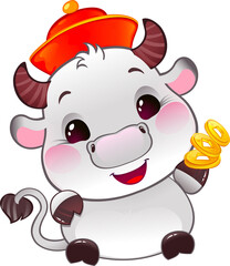 White Metal Ox with Lucky Gold Coins - Symbol of Chinese Horoscope for New Year