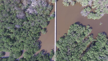 Paisaje drone cenital rio naturaleza con camino puente en la mitad