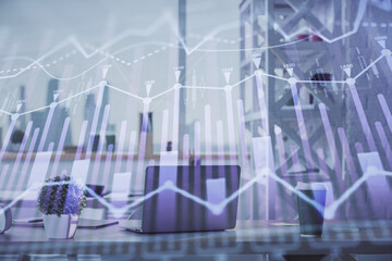 Double exposure of stock market graph drawing and office interior background. Concept of financial analysis.