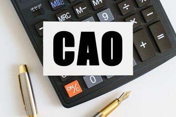 On the table there is a pen, a calculator and a business card on which the text is written CAO. CHIEF ACCOUNTING OFFICER
