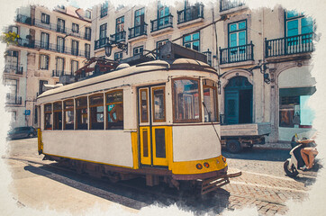 Fototapeta na wymiar Watercolor drawing of Famous yellow tram 28 in Lisboa Lisbon on Largo Luis de Camoes square, Portugal