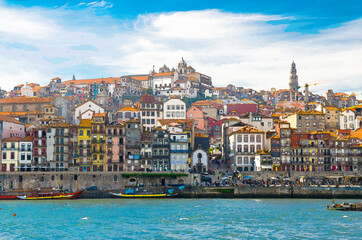 Watercolor drawing of View of Old Porto, Oporto city, colorful Ribeira traditional wine boats in Douro river from Vila Nova de Gaia, Portugal