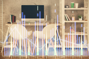 Multi exposure of stock market chart drawing and office interior background. Concept of financial analysis.