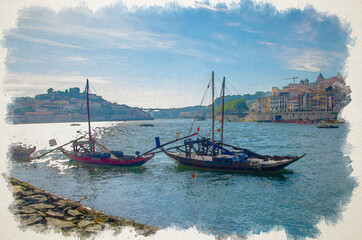 Fototapeta na wymiar Watercolor drawing of Portugal, Porto wooden boats with wine port barrels close up on Douro, Porto by river, Porto in summer, riverbed Douro, Porto city alone the river Douro