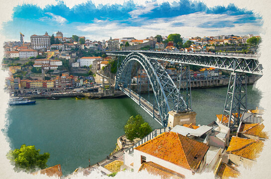 Watercolor drawing of Aerial view of Ponte Luis Bridge over Douro River, tiled roofs of colorful buildings and old historic district Ribeira in Porto Oporto city, Portugal