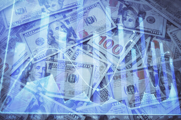 Double exposure of forex graph drawing over us dollars bill background. Concept of financial markets.