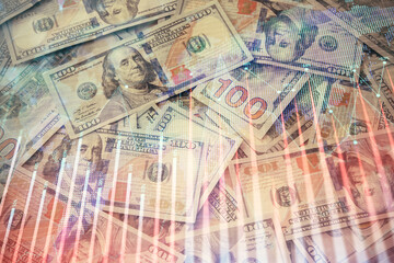 Multi exposure of forex chart drawing over us dollars bill background. Concept of financial success markets.