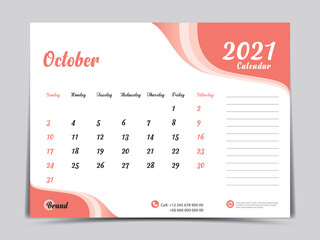 Desk Calendar 2021 template creative design, October 2021 month, Simple, planner, Week starts from Sunday. vector eps10. Orange abstract background