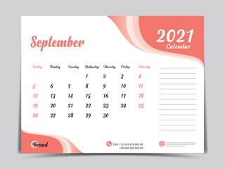 Desk Calendar 2021 template creative design, September 2021 month, Simple, planner, Week starts from Sunday. vector eps10. Orange abstract background