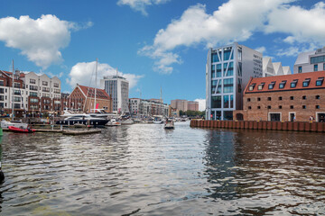 City of Gdansk (Danzig), Poland. Panoramic view of colourful historic houses in Old Town.
