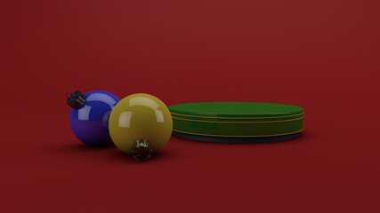 Christmas green podium with red background, studio mockup. 3D Render