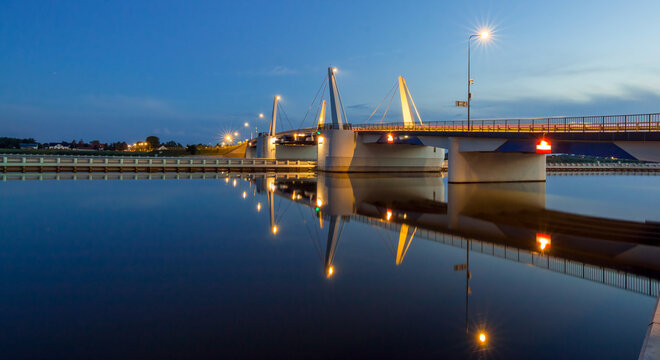 Bridge over the river &ldquo;Dead Vistula&rdquo; in Sobieszewo (Poland) at night