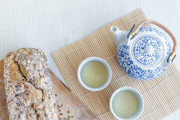 cup of tea with bread, morning breakfast 