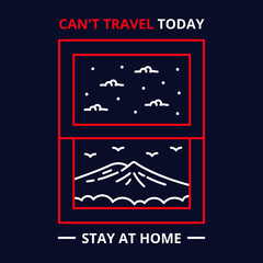 Can't travel today, stay at home. Mountain illustration from outside the window. Mountain and forest line art design with red and white outlines. Illustration design for apparel products