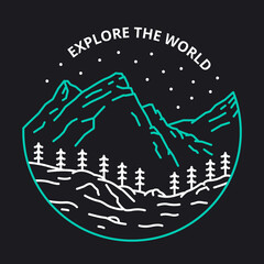 Explore the world. Mountain and forest illustration. Mountain and forest line art design with green and white outline. Illustration design for apparel products, mugs and wall posters